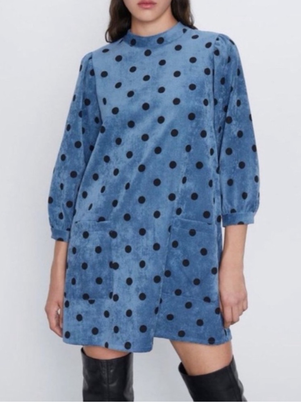 Zara Polka Dot Corduroy Puff Sleeve Shift Dress - Picture 6 of 12